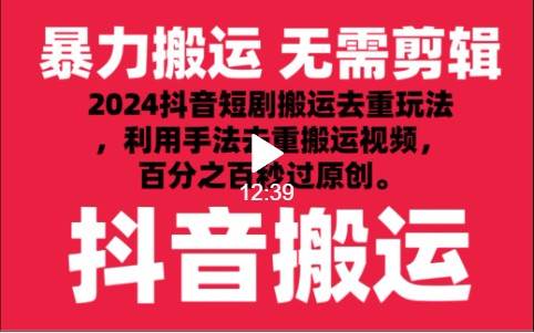 2024最新抖音搬运技术，抖音短剧视频去重，手法搬运，利用工具去重，秒过原创！-1号库创业圈