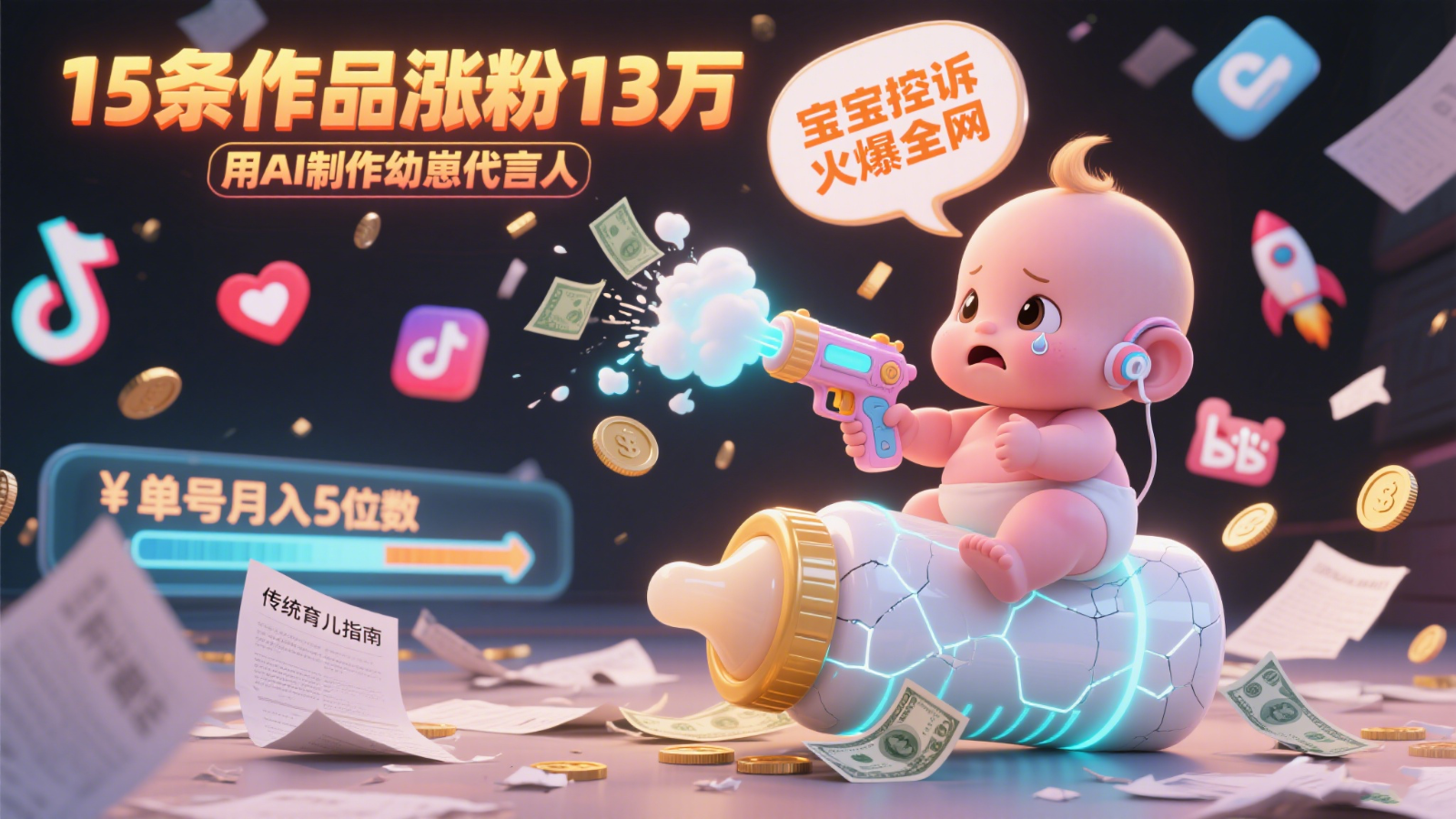 用AI制作幼崽代言人，宝宝的控诉火爆全网，15条作品涨粉13万，单号月入5位数实操教程-1号库创业圈