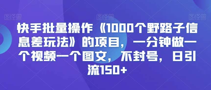 快手批量操作《1000个野路子信息差玩法》的项目，一分钟做一个视频一个图文，不封号，日引流150+【揭秘】-1号库创业圈