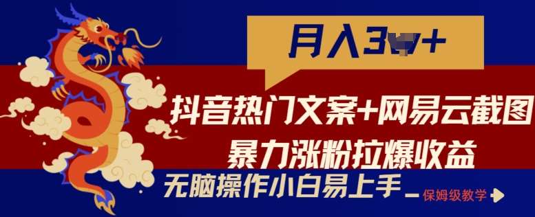 抖音热门文案+网易云截图暴力涨粉拉爆收益玩法，小白无脑操作，简单易上手【揭秘】-1号库创业圈