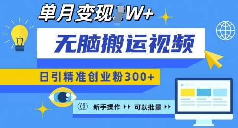 无脑搬运视频号可批量复制，新手即可操作，日引精准创业粉300+，月变现过W 【揭秘】-1号库创业圈