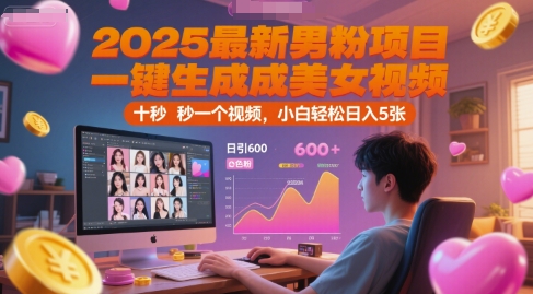 2025最新男粉项目，一键生成美女视频，日引600+色粉 十秒一个视频，小白轻松日入5张【揭秘】-1号库创业圈