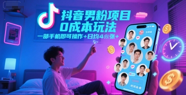 抖音男粉项目0成本玩法，一部手机即可操作，日均4张+，时间自由-1号库创业圈