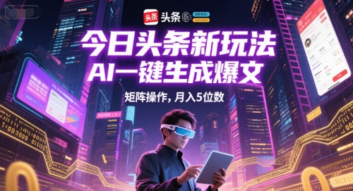 今日头条新玩法，AI一键生成爆文，矩阵操作，月入5位数-1号库创业圈