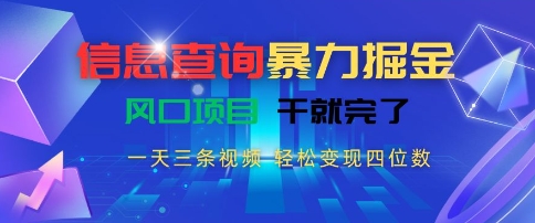 信息查询暴力掘金，一天三条视频，轻松变现四位数，风口项目干就完了【揭秘】-1号库创业圈